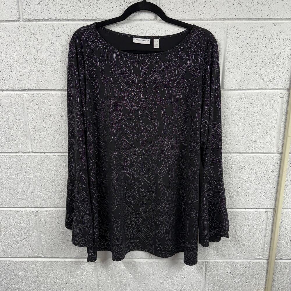 Susan Graver Tunic Womens XL Liquid Knit Metallic Stud Bell Sleeve Top Office